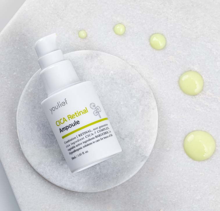 Youlief CICA Retinal Ampoule on stone with retinal drops