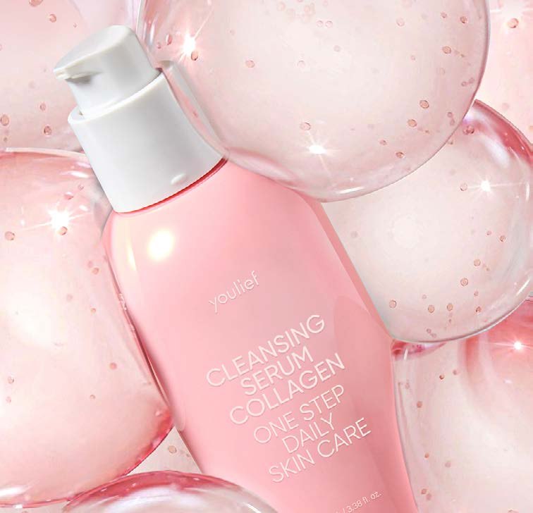 Youlief Cleansing Serum Collagen — pink bottle among collagen bubbles