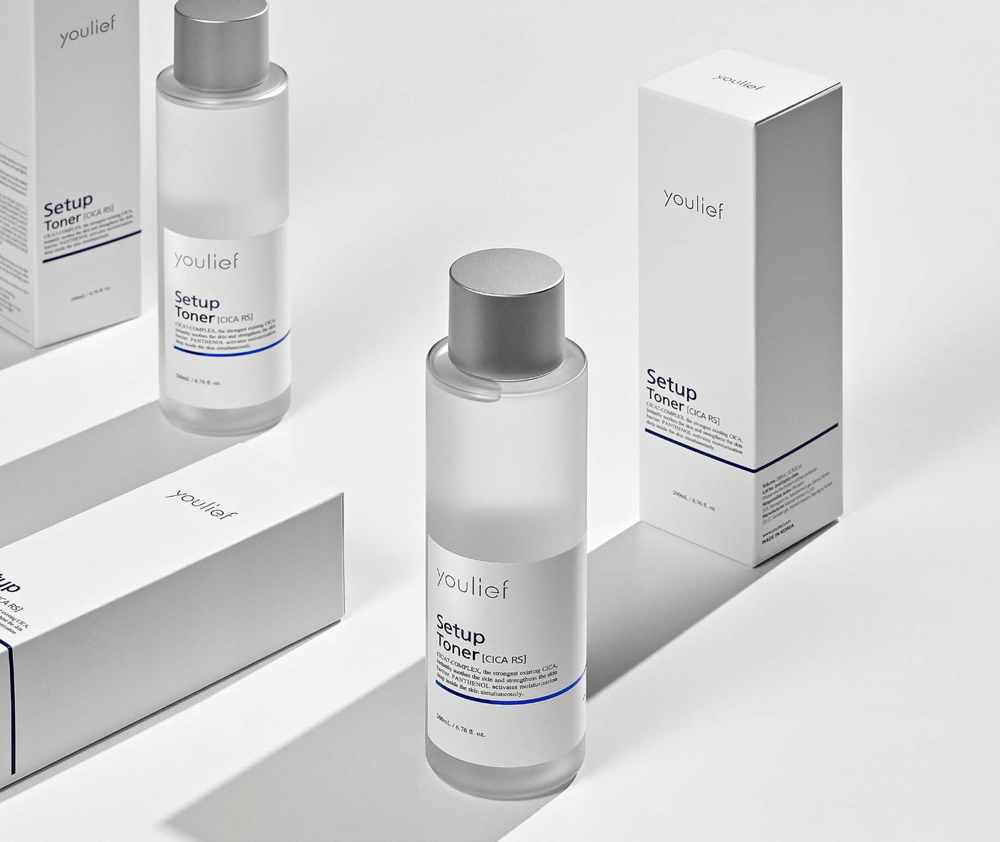 Youlief Setup Toner CICA RS bottles and cartons, studio still life